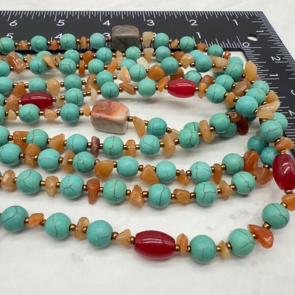 Vtg Multi Strand Beaded Turquoise Red Stone Choker Necklace Sterling Clasp - Picture 9 of 9